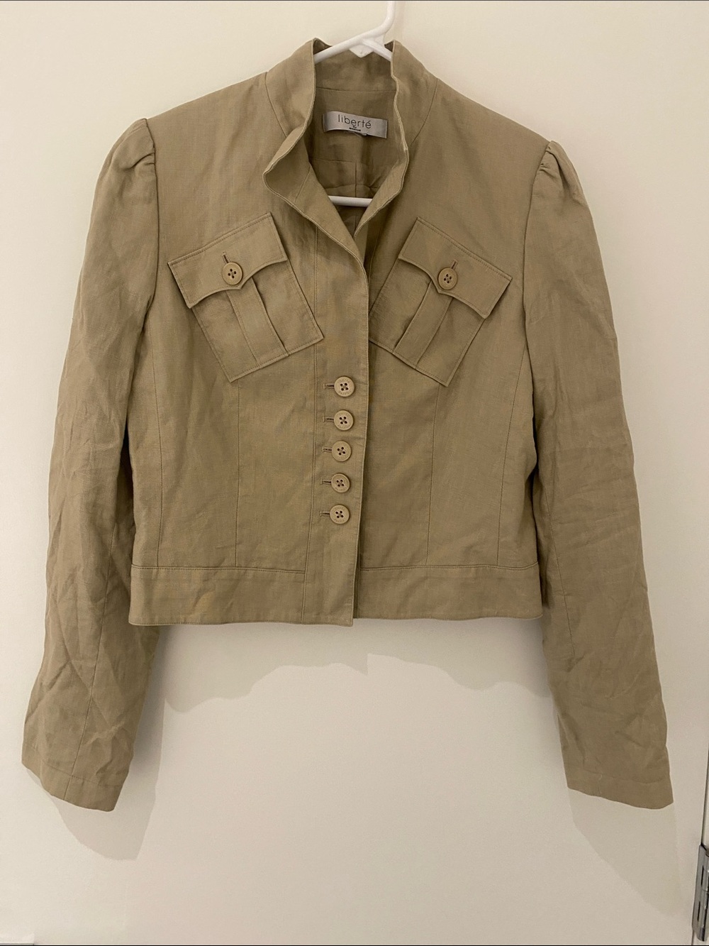 Liberte by Emanuel Cropped Linen Blazer Jacket Tan Size Small (Estimated).